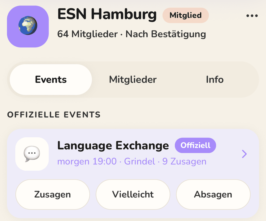 Der Events-Reiter der Community ESN Hamburg in soap: ein offizielles Language Exchange mit Uhrzeit, Ort, neun Zusagen und den Antworten Zusagen, Vielleicht und Absagen.