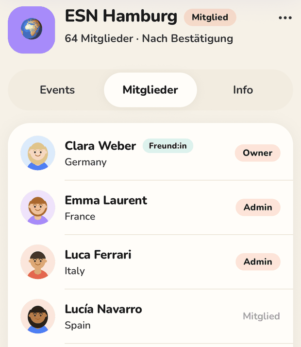 Die Community ESN Hamburg in soap: 64 Mitglieder, die Reiter Events, Mitglieder und Info, darunter vier Mitglieder aus verschiedenen Ländern mit ihren Rollen.