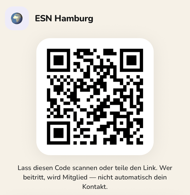Der Einladungsbildschirm von ESN Hamburg in soap mit QR-Code und dem Hinweis, dass wer beitritt Mitglied wird und nicht automatisch Kontakt.