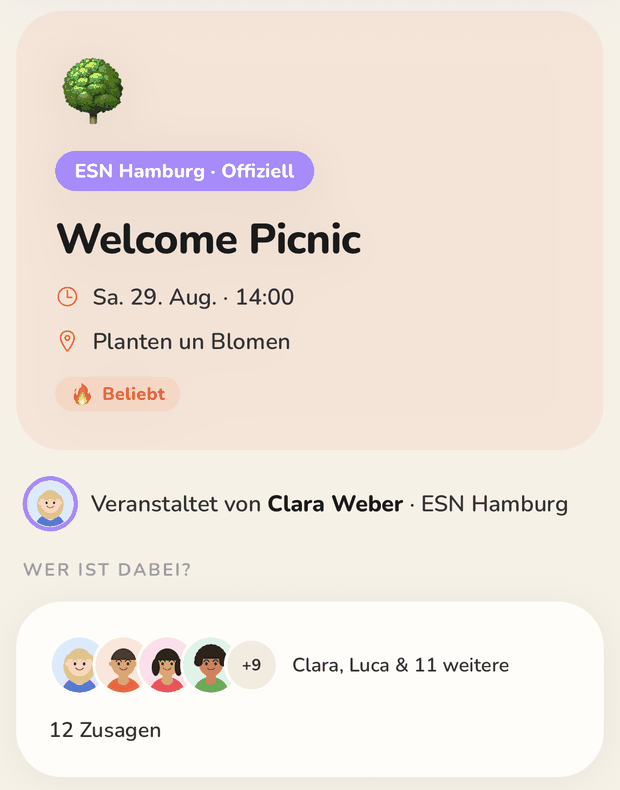 Ein offizielles Event von ESN Hamburg in soap: Welcome Picnic mit Ort, Zeit, zwölf Zusagen und den Antworten Zusagen, Vielleicht und Absagen.