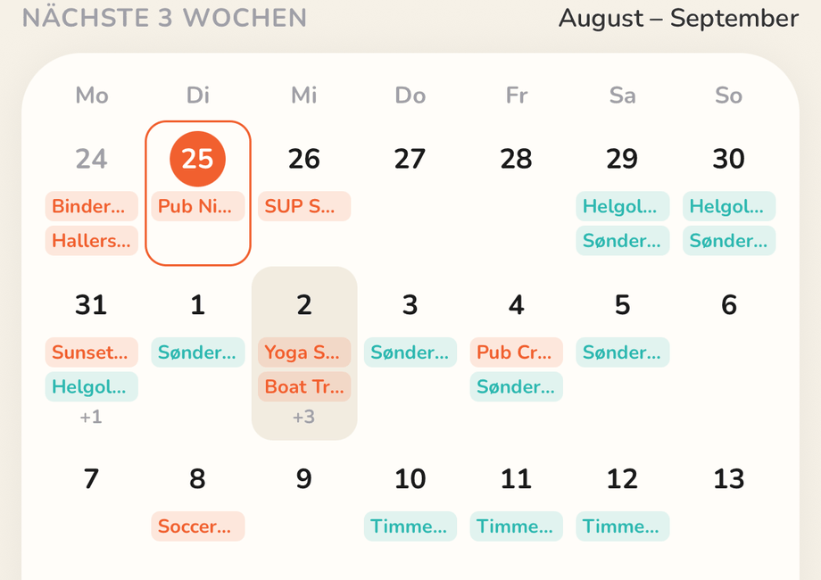 Der Kalender der nächsten Wochen in soap: Termine wie Pub Night, SUP Session und Boat Trip stehen in den jeweiligen Tagen.