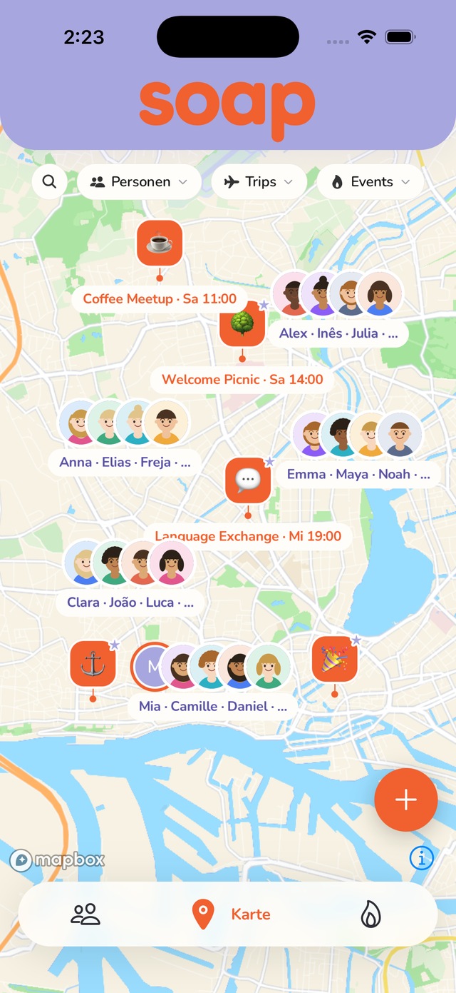 soap auf einem Smartphone: die Karte von Hamburg mit Events wie Coffee Meetup und Welcome Picnic und Gruppen von Kontakten mit ihren Namen.