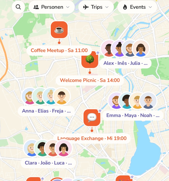 Die soap Karte mit Gruppen von Kontakten und ihren Namen über dem Hamburger Stadtgebiet.